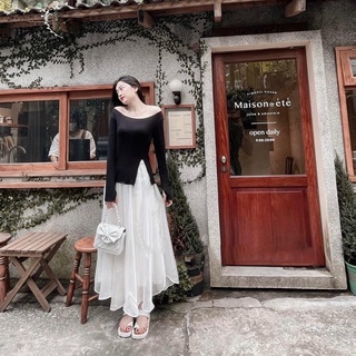 SET ÁO ĐEN TRỄ VAI XẺ TÀ +  CV MIDI TRẮNG