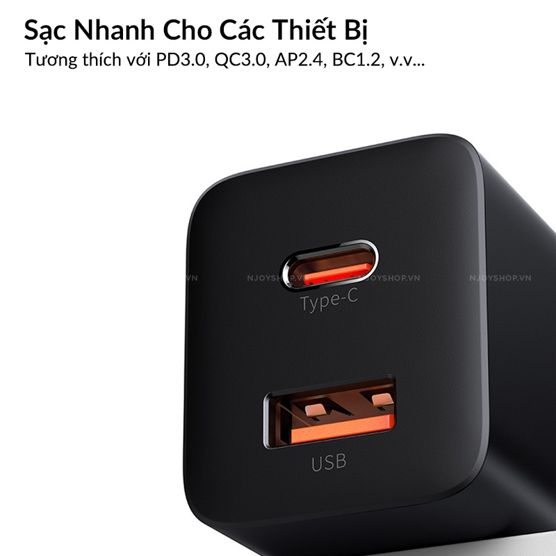 Củ Sạc Nhanh Siêu Nhỏ Baseus 30w Chân Gập 2 Cổng USB / Type C Hỗ Trợ Qc 3.0 Pd Cho Điện Thoại Máy Tính Bảng Njoyshop