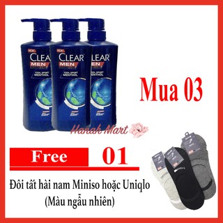 Combo 3 chai dầu gội Clear Men Cool Sport sạch gàu bạc hà mát lạnh 450ml Thái Lan - Tặng tất hài nam Minoso or Uniqlo