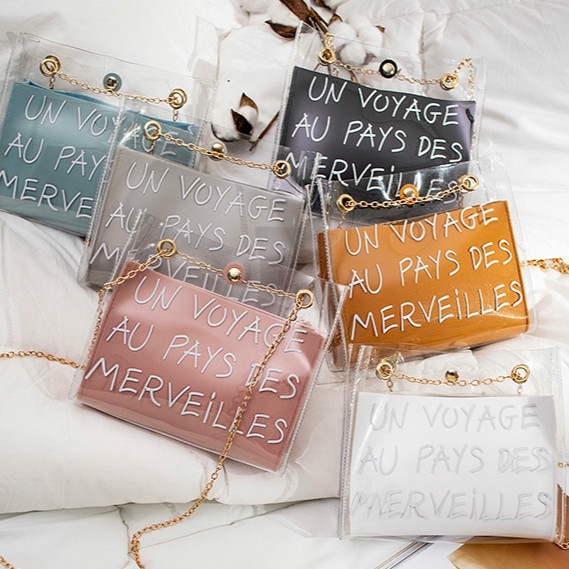 Túi đeo chéo trong suốt phối dây kim loại phong cách Hàn Quốc dành cho nữ