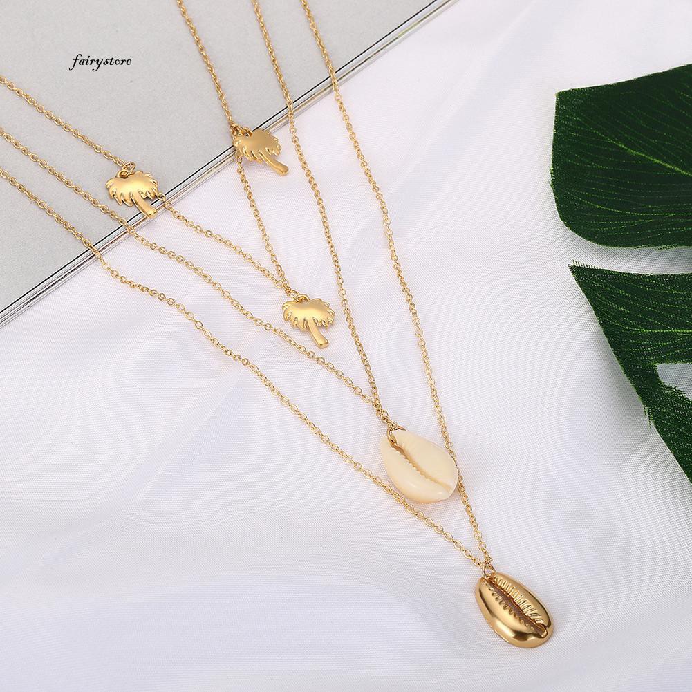 Vòng cổ Nhiều Lớp Phối Mặt Hình Cây Cọ Và Vỏ Sò Thời Trang Xinh Xắn Cho Nữ