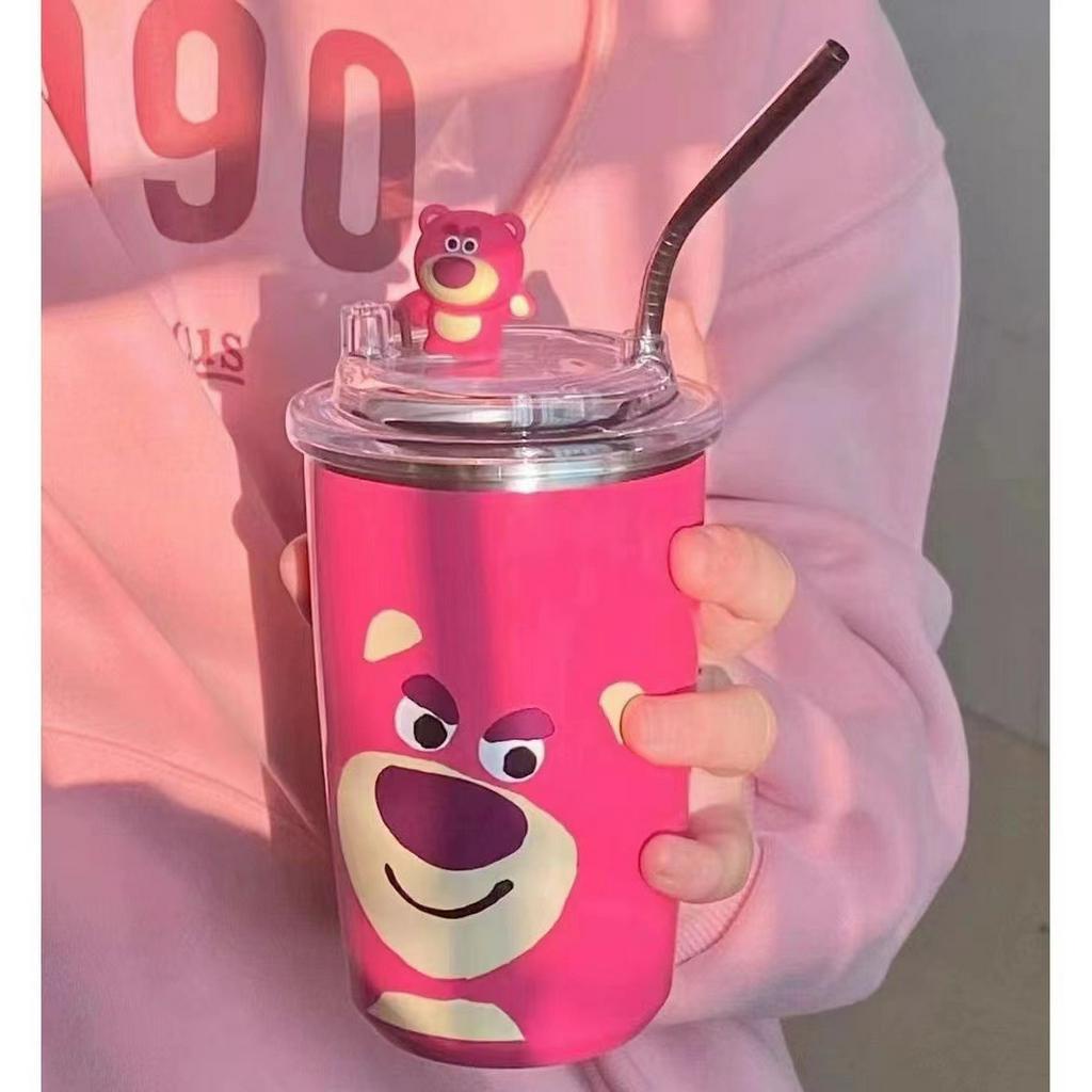 Cốc Gấu Dâu Lotso, ly giữ nhiệt tiện dụng kèm ống hút bằng thép không gỉ dung tích 450ml