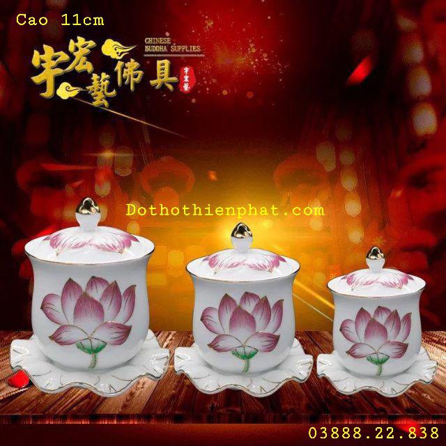 Chung nắp hoa sen hồng gốm sứ nhiều kích thước