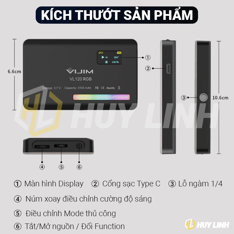 Đèn Led mini Vijim Ulanzi VL120 RGB - 20 hiệu ứng ánh sáng kèm Silicon Smooth mềm tản sáng