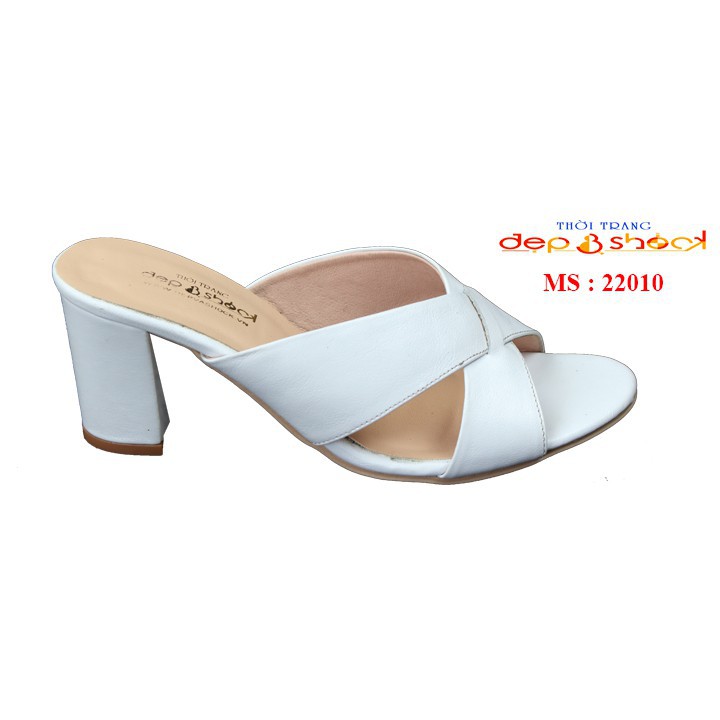 Dép guốc quai chéo da bò thật màu trắng gót 7cm - 22010