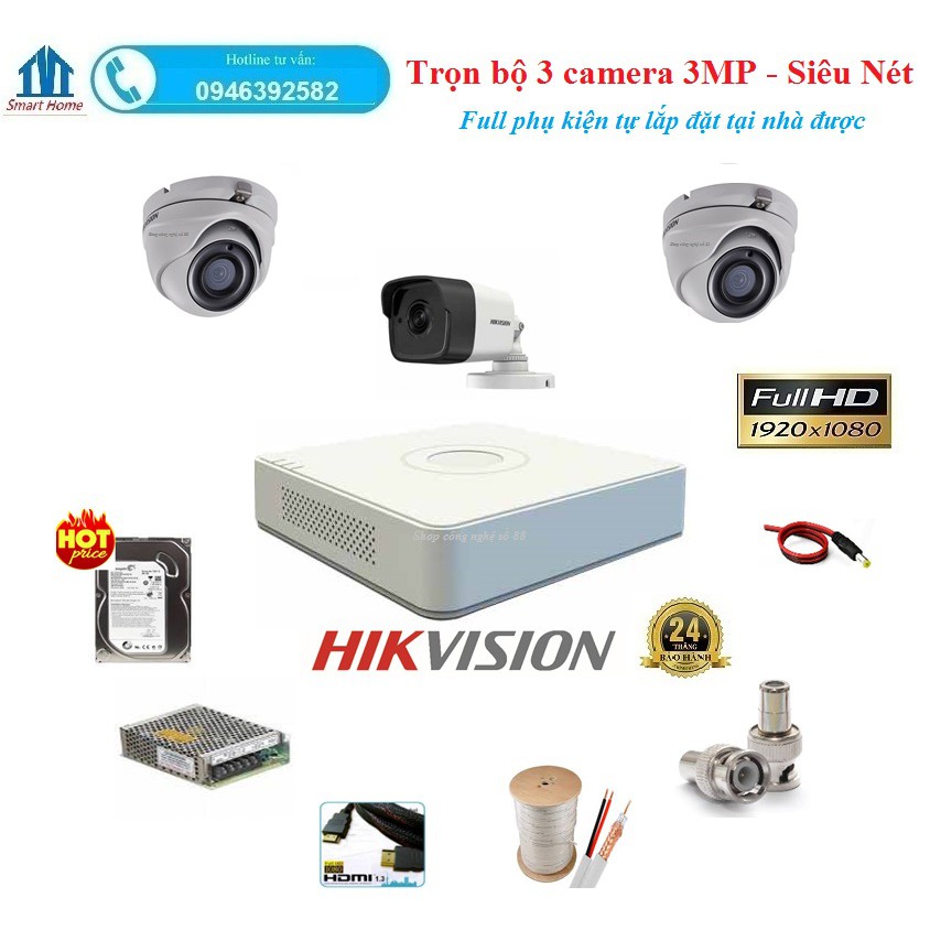 Combo bộ 3 camera Hikvision 3mp - Siêu nét +Đủ phụ kiện lắp đặt tại nhà