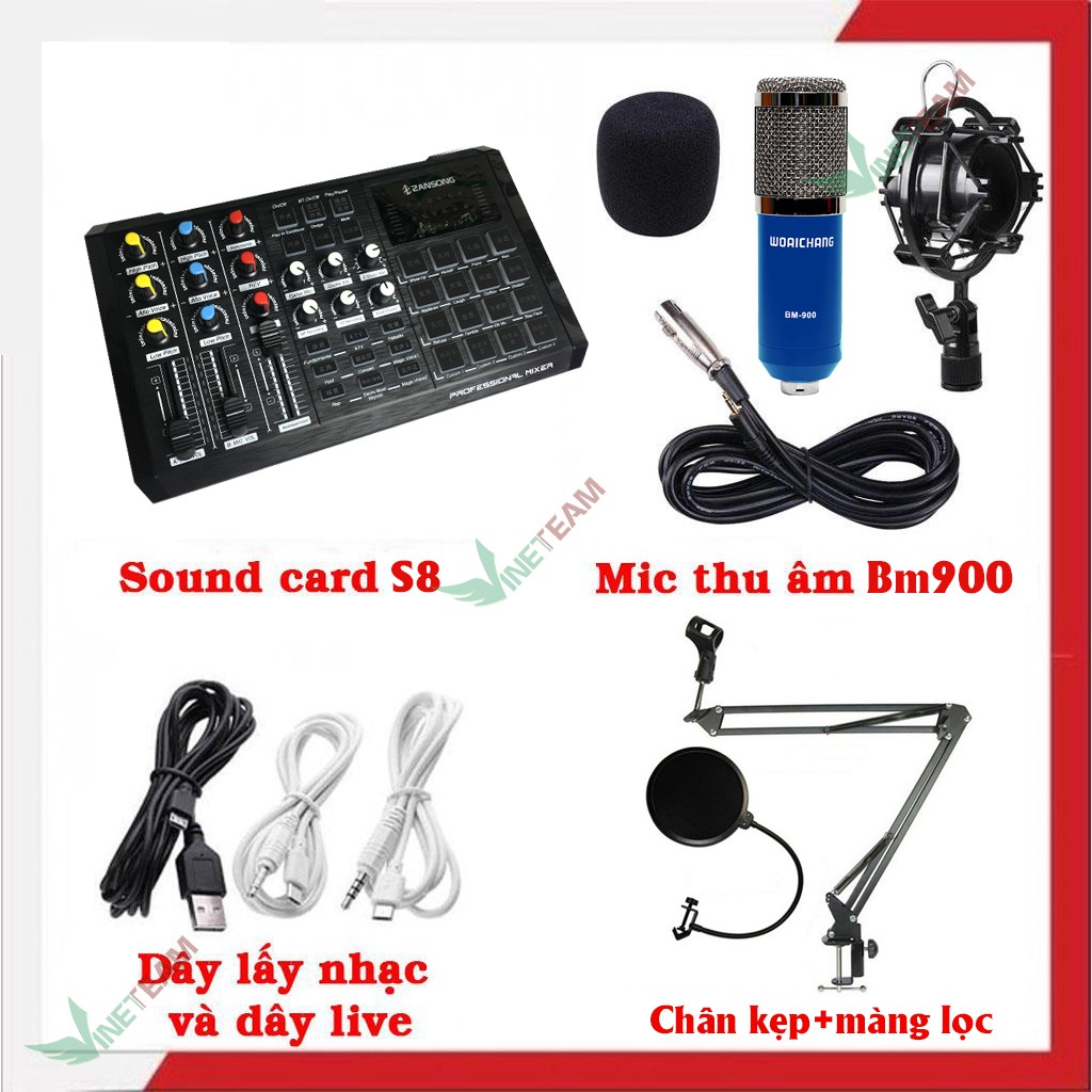 Trọn bộ HÁT LIVE STREAM sound card S8 Bluetooth Auto tune và mic BM 900 đủ phụ kiện kẹp bàn,màng lọc,tặng tai nghe