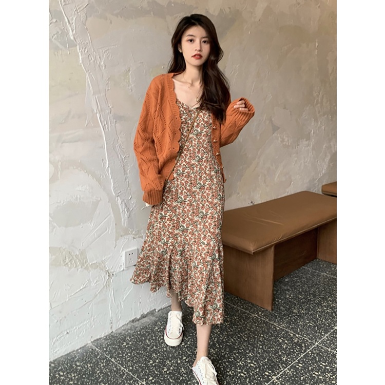 Đầm hai dây nữ hoa nhí suông dài qua gối voan Hàn, váy nữ hai dây chữ A chất đẹp 2022