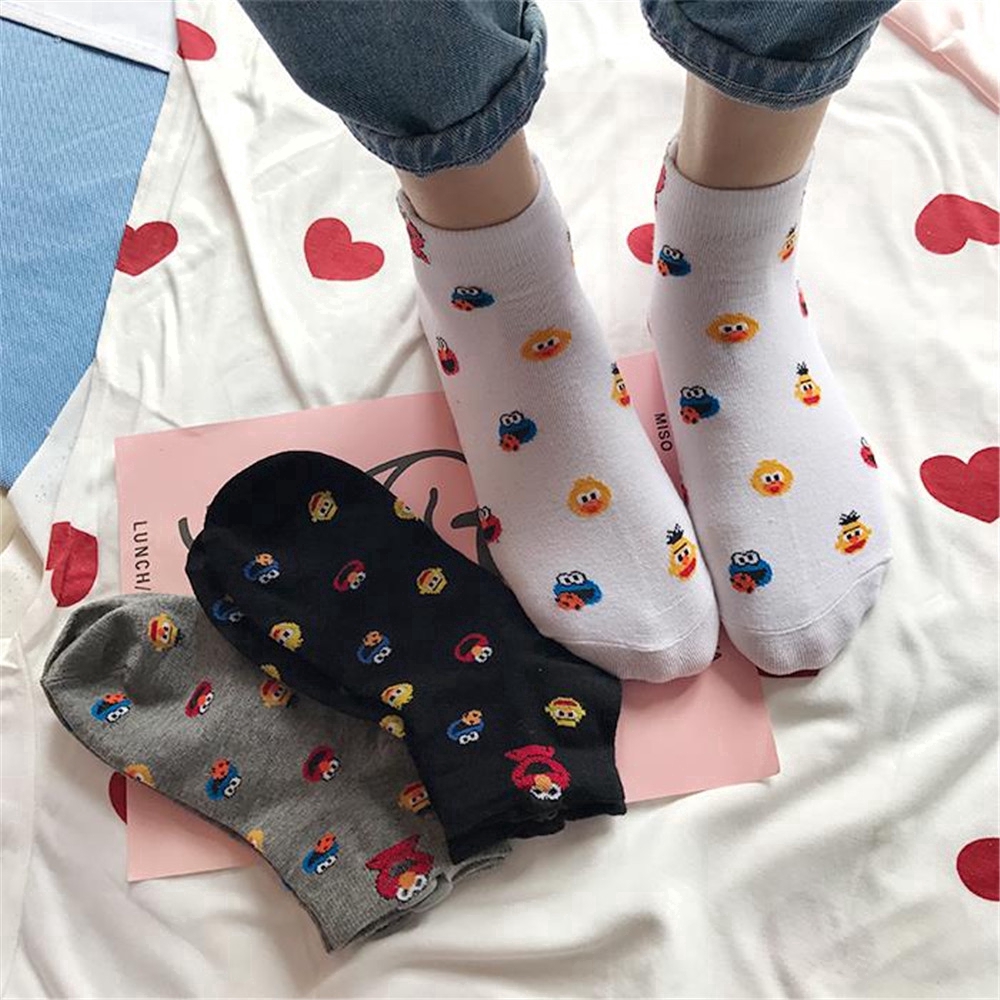 Vớ Cotton Cổ Ngắn In Hình Hoạt Hình Sesame Street Dễ Thương