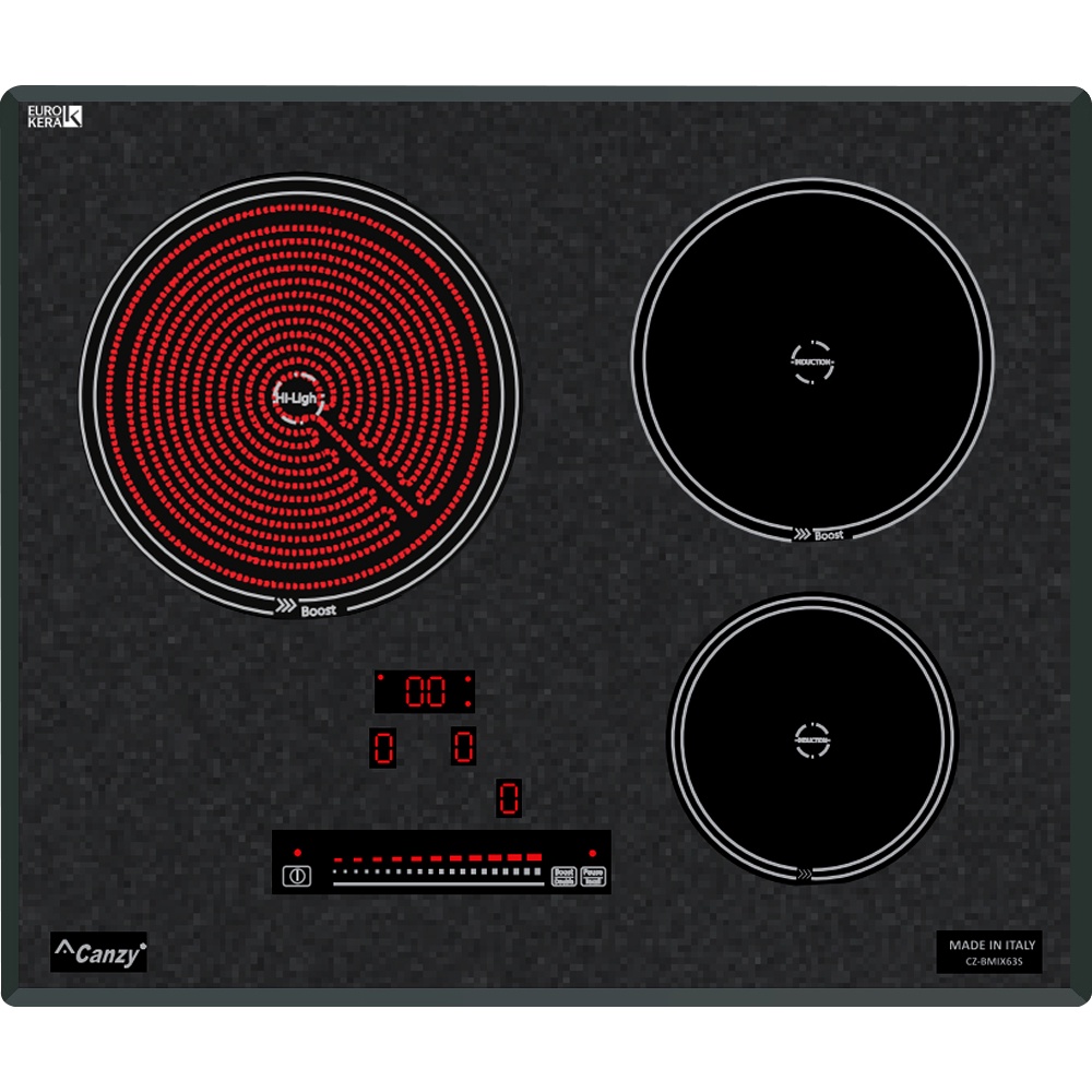 Bếp điện từ Canzy CZ-BMIX63S - Bếp ba 2 từ + 1 hồng ngoại, Kính đen 580x510mm