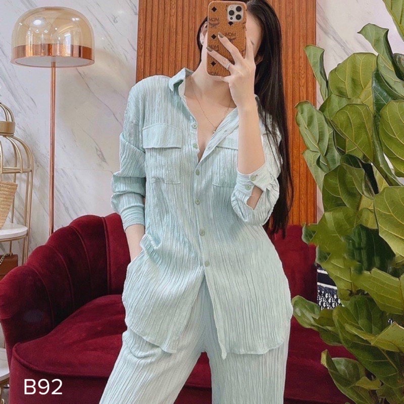 Set sơ mi đũi gân quần suông cạp cao, kèm áo sơ mi dài tay hàng may kỹ chuẫn form từ 40-72kg