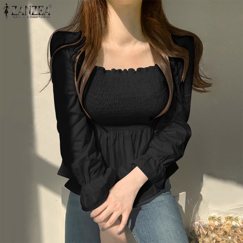 Áo kiểu ZANZEA tay dài cổ vuông eo co giãn xếp ly phong cách Hàn Quốc dành cho nữ