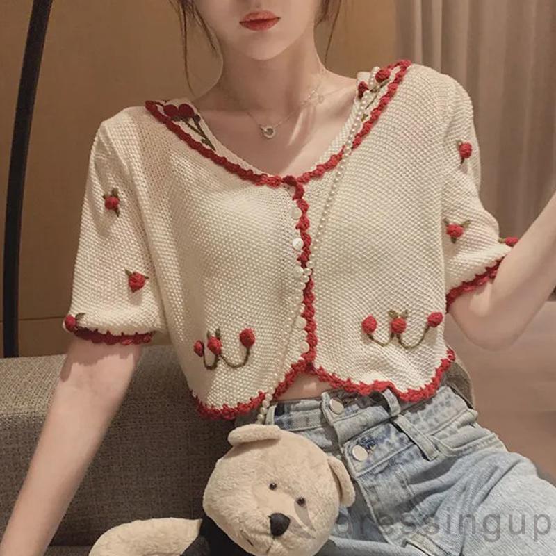 DRE-Ladies V-neck Short Tops, Summer Three-dimensional Flower Pattern Puff Short Sleeve Single-breasted Tops