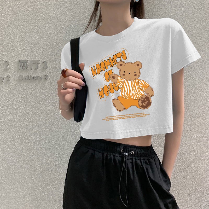 Áo thun tay ngắn chất liệu 100% cotton in họa tiết chú gấu thời trang đơn giản cho nữ 2021