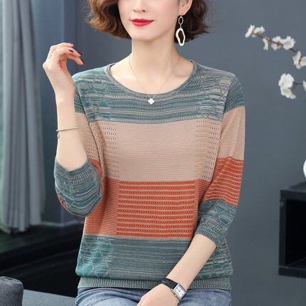 {Hàng sẵn} Áo len mỏng nữ phối màu thời trang trung niên, thời trang thu đông cho phái nữ
