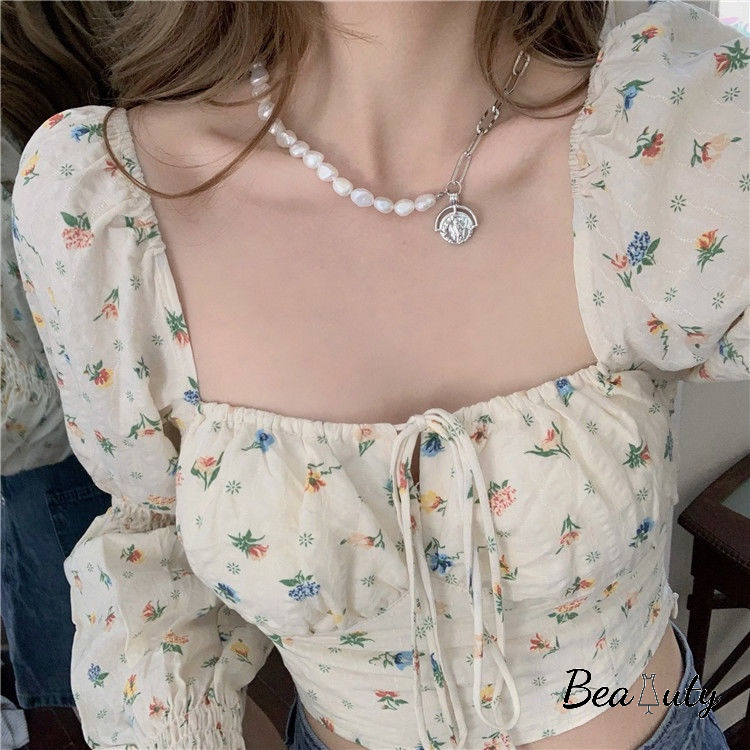 [MURIOKI] Áo Sơ Mi Tay Dài Cổ Thấp In Họa Tiết Hoa Phong Cách Pháp Thời Trang Mùa Thu 2022 Cho Nữ