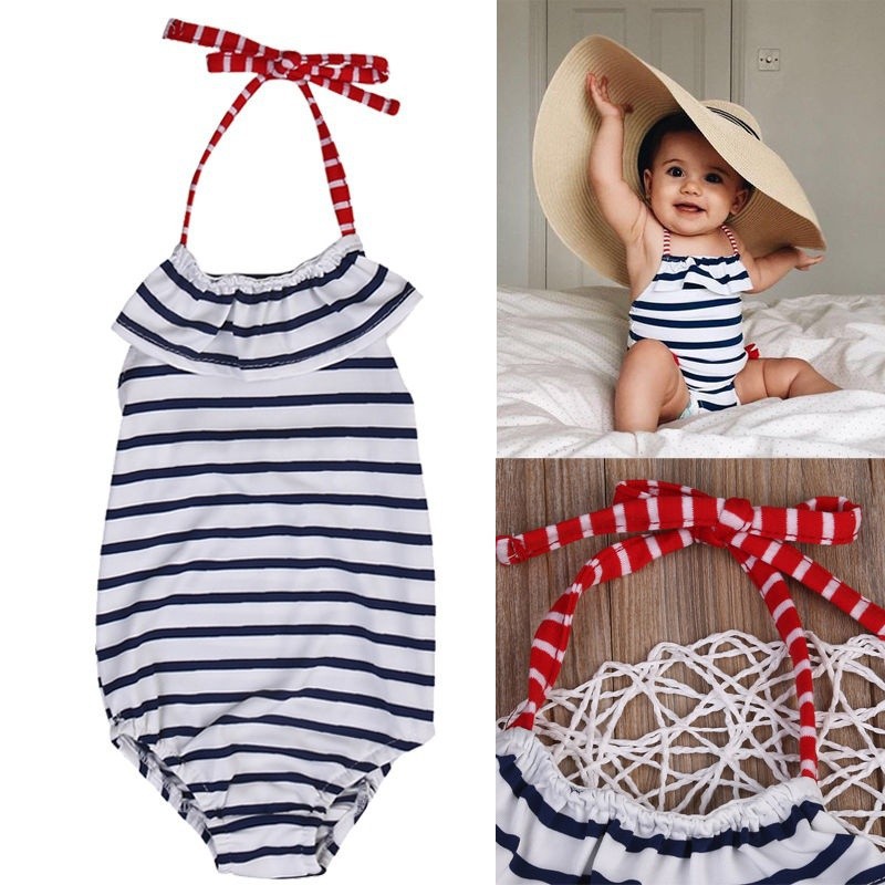 ღ♛ღKids Baby Girls Striped Halter Swimsuit Swimwear One Pieces Bathing Suit