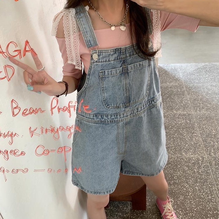 Quần yếm SUXI denim ống rộng lưng cao màu sắc trơn thời trang cho nữ