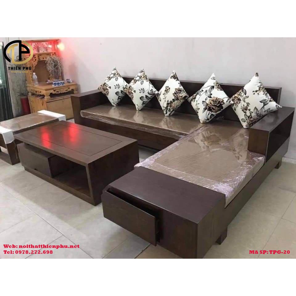 Sofa gỗ sồi góc chữ L sơn màu óc chó TPG - 20