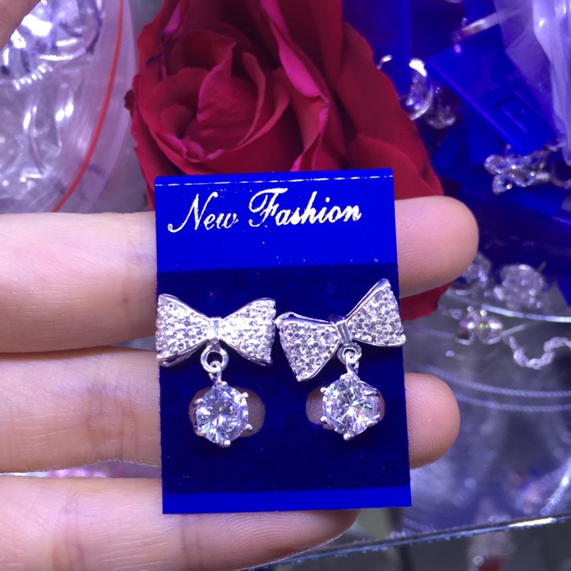 Khuyên tai nơ treo đá nhan tạo 6-7ly bạc ta