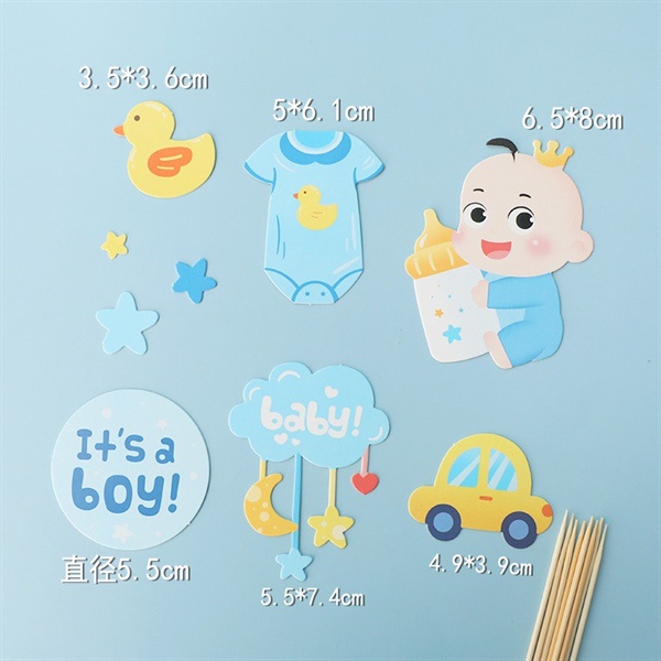 Set que cắm em bé ôm bình sữa xanh baby_Phụ kiện trang trí bánh