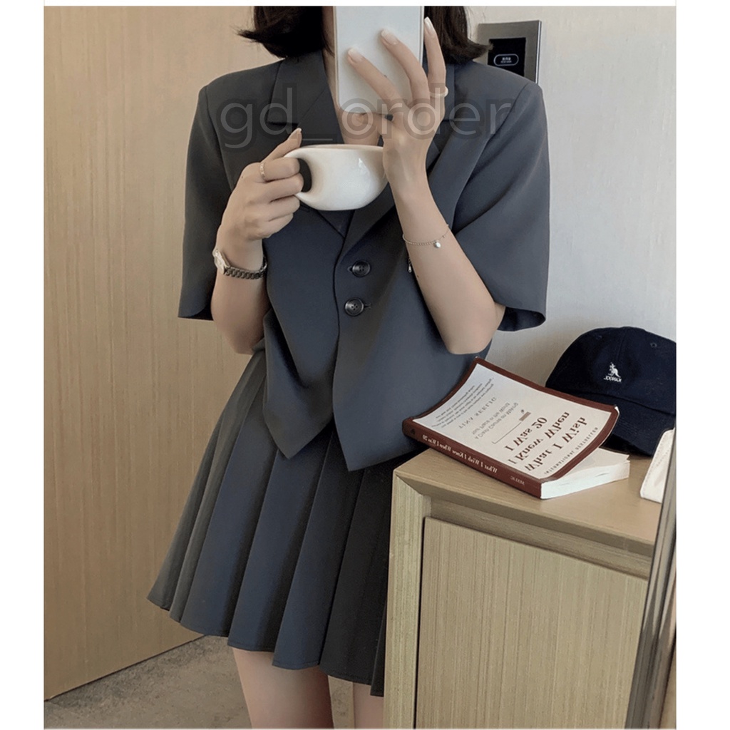 B53|Set bộ vest áo khoác ngắn tay, váy xếp ly cạp cao nhẹ nhàng màu vàng, xanh, nâu gd_order
