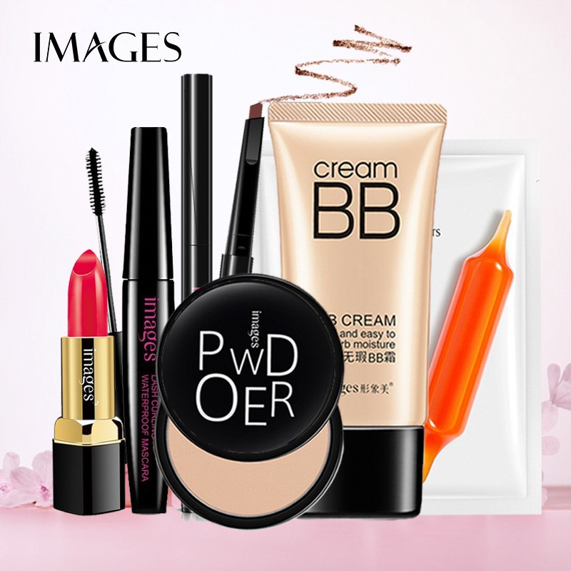 Set 6 trang điểm IMAGES Phấn phủ kiềm dầu + Kem che khuyết điểm + Son môi mềm mịn + Chì kẻ mày + Mascara PO-P84