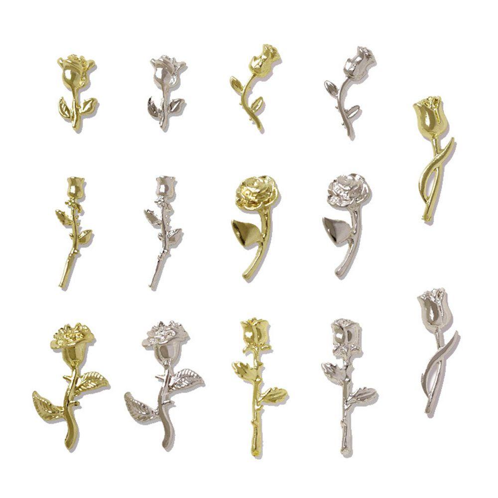 Set 10 Móng Tay Giả Nghệ Thuật Heceh|Phụ Kiện Trang Trí Móng Tay Hình Hoa Hồng 3D Xinh Xắn|Phụ Kiện Trang Trí Móng Tay Bằng Kim Loại Xinh Xắn