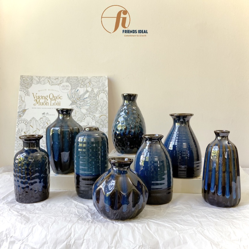 Lọ hoa mini màu xanh lam, bình hoa gốm Bát Tràng, men hỏa biến nhiều mẫu đẹp xanh coban cắm hoa trang trí phòng