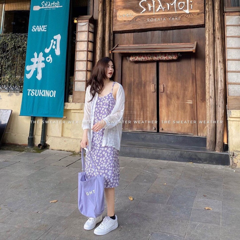 ĐẦM MIDI DÁNG SUÔNG HOA CÚC NỮ TÍM ĐEN TRẮNG - VÁY 2 DÂY ĐŨI MAXI XẺ TÀ HOẠ TIẾT HOA NHÍ DÁNG DÀI ĐI BIỂN HOT | BigBuy360 - bigbuy360.vn