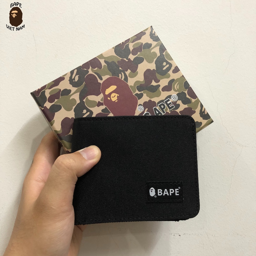 [Ảnh thật] Ví Bape ngắn fullbox hàng Best Quality, Bóp Bape gấp đôi 4 màu Đen, Camo (Green, Blue, Pink) Chất liệu Canvas