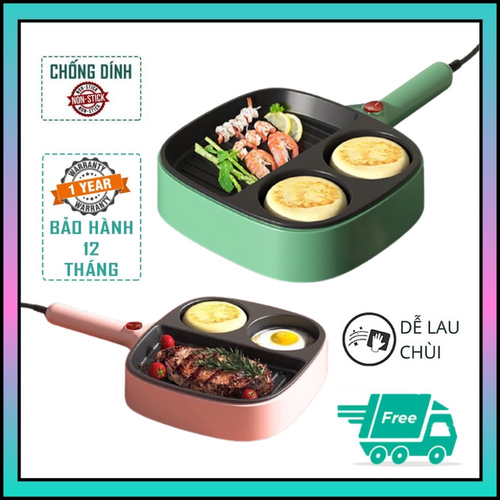 Chảo Điện 3 Ngăn Chống Dính Cao Cấp, Chảo Ốp La Trứng, Làm Bánh Mì, Chiên,Xào Đa Năng ,,( FREE SHIP )