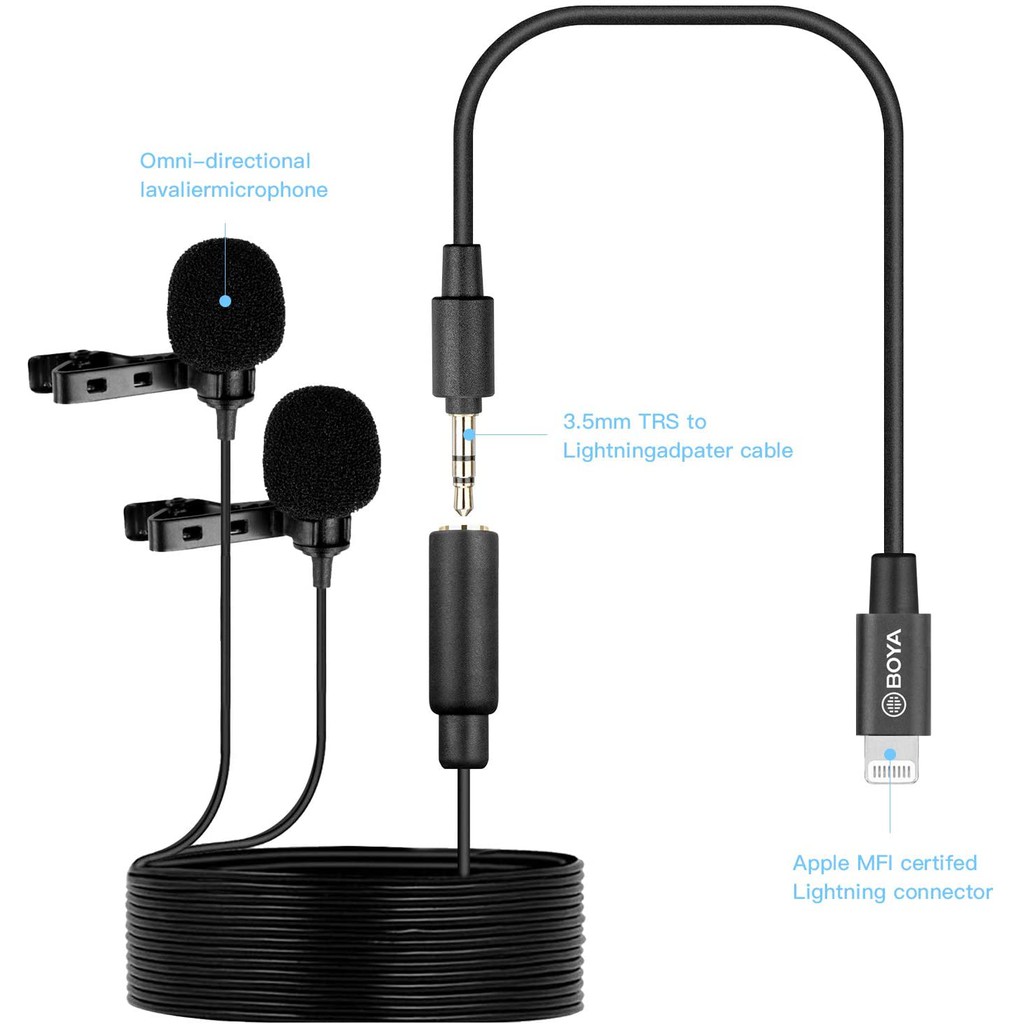 BY-M2D - Micro Thu Âm Cài Áo,Thu Cùng Lúc 2 Người Cổng Lightning Cho Điện Thoại IOS - Hàng Chính Hãng