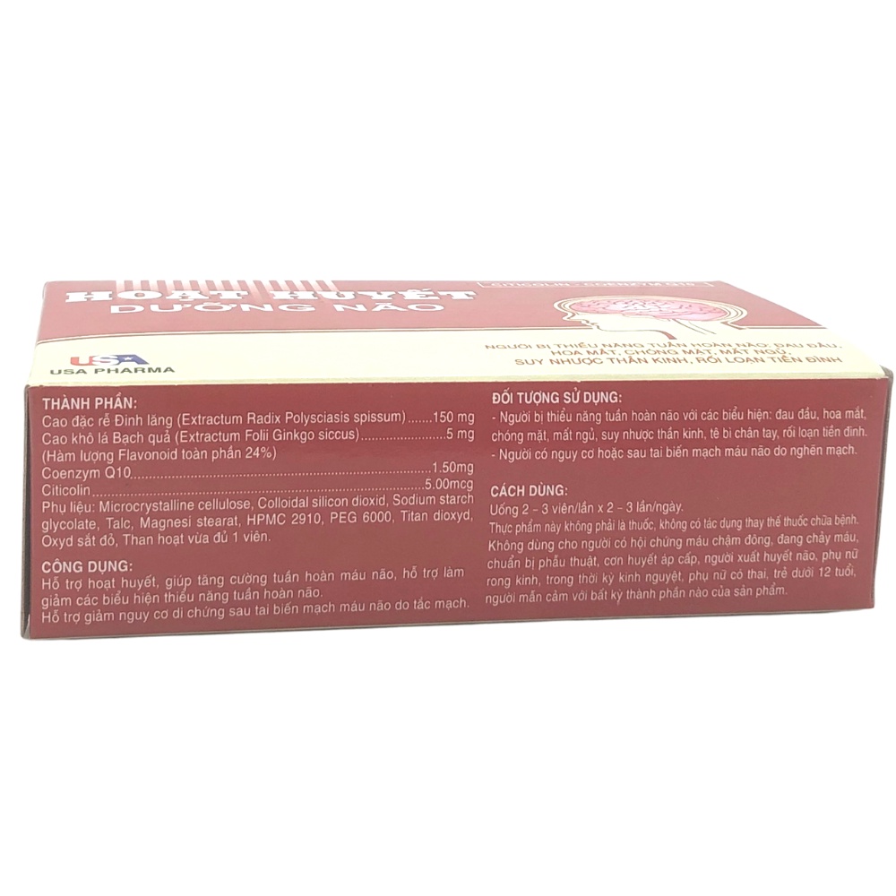 Hoạt Huyết Dưỡng Não USA Pharma giảm đau đầu, hoa mắt, chóng mặt - Hộp 100 viên