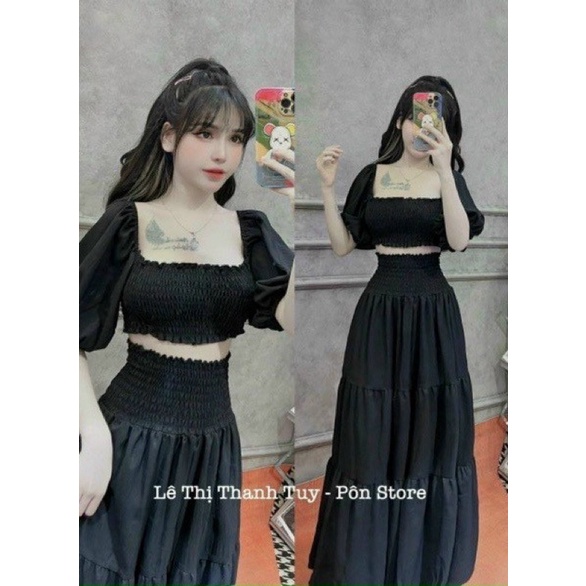 Bigsize Đầm maxi đi biển tay phồng caro xốp 50-90kg