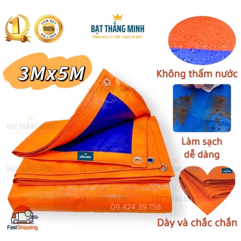 Bạt che mưa nắng ngoài trời khổ 3m dài 5m. Bạt xanh cam bền đẹp rẻ. Bạt Thắng Minh