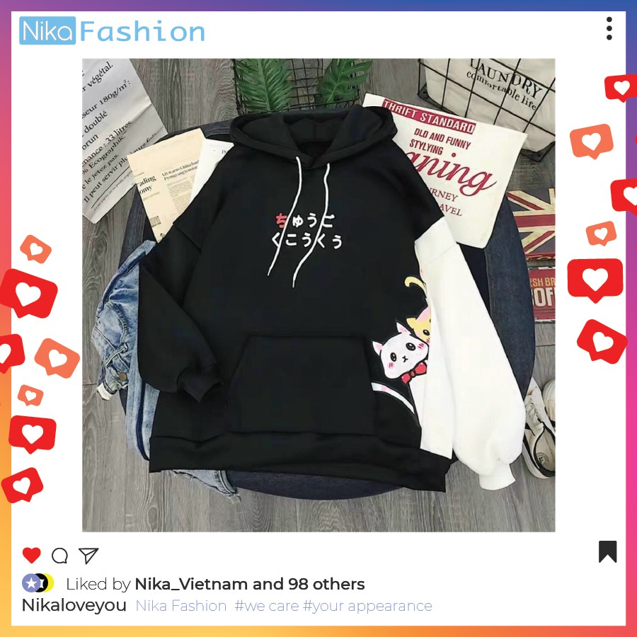 Nikafashion Áo Hoodie Nón Unisex Nam Nữ Chất Vải Nỉ Freesize 1 kích cỡ Form Dáng Rộng Dưới 65kg Mặc Đẹp Hình M.È.O.1.B.