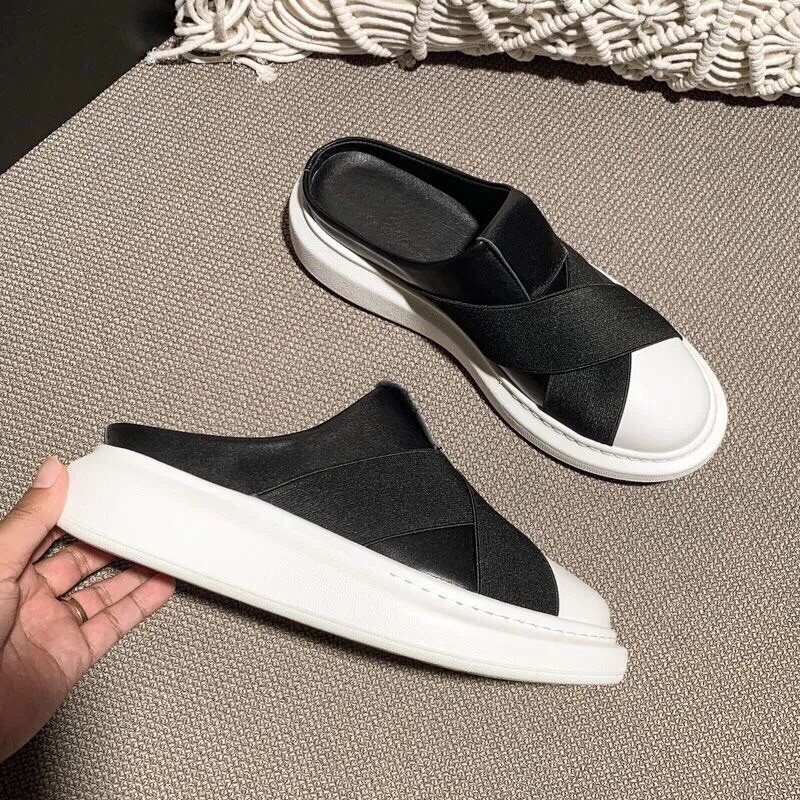 Giày slip on nữ chun chéo đen trắng