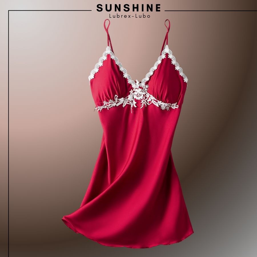 Váy Ngủ Lụa Sexy 2 Dây  Satin Phối Ren Có Mút Ngực Quyến Rũ Gợi Cảm Màu ĐỎ - SUNSHINE LUBREXLUBO -VL165