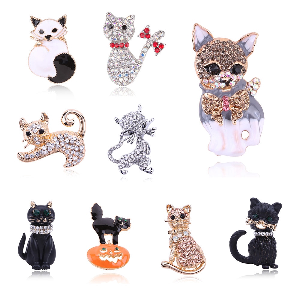 Ghim cài áo hình chú mèo đeo nơ bằng kim loại tráng men màu xanh lá / đen xinh xắn thời trang cho nữ