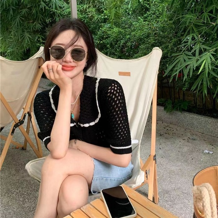 Áo cardigan dệt kim ZHELIHANGFEI tay ngắn cổ búp bê dáng rộng thời trang dễ thương xinh xắn cho nữ