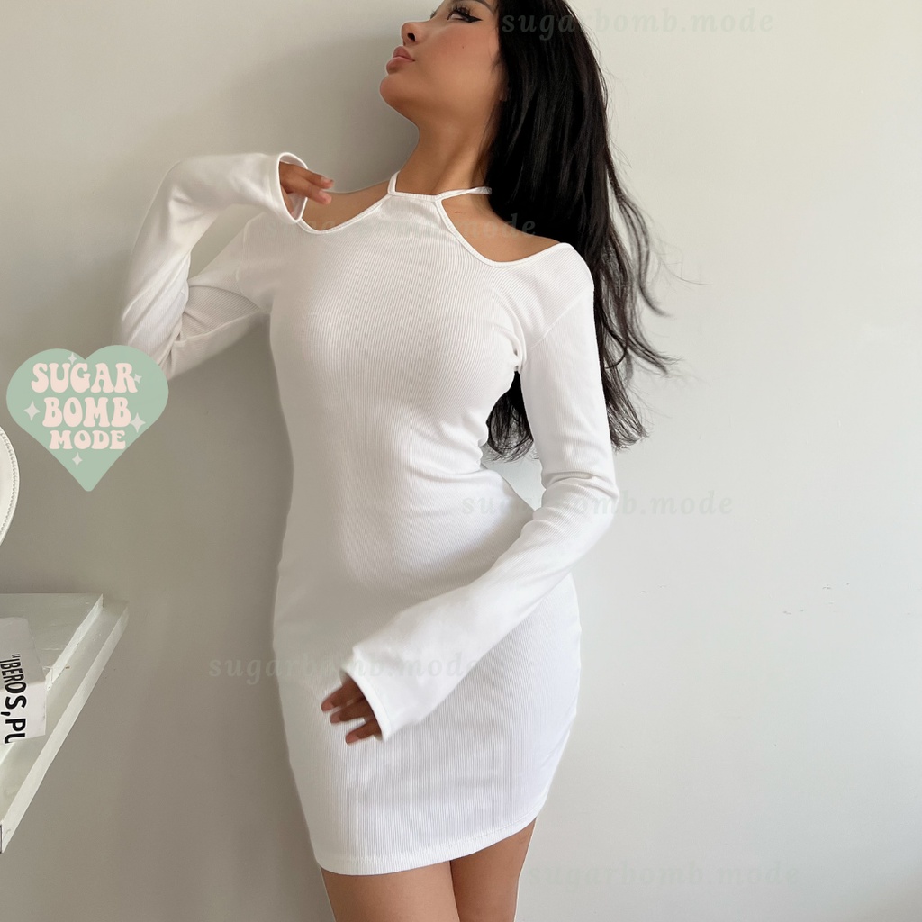 Đầm Body Sexy Hở Lưng Hở Eo Váy Ôm Cổ Yếm Hở Vai Cột Dây Quyến Rũ Sang Chảnh Màu Trắng Thun Sugarbomb.mode Trắng, Đe