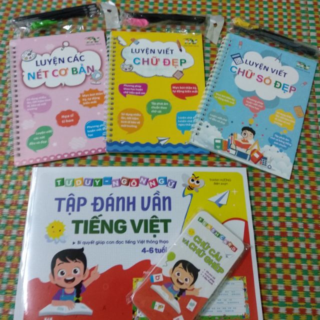 Combo 1 cuốn tập đánh vần tiếng việt kèm 40 thẻ + Bộ 3 quyển luyện viết chữ số thanh nga