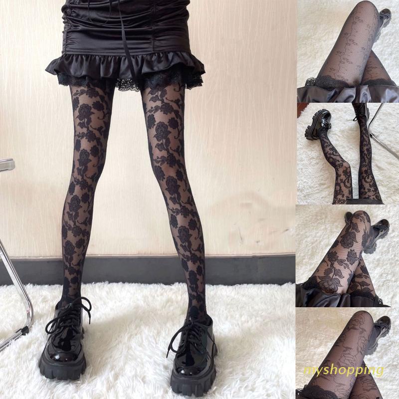 Quần tất lưới lưng cao in họa tiết hoa lá phong cách gothic cổ điển thời trang cho nữ