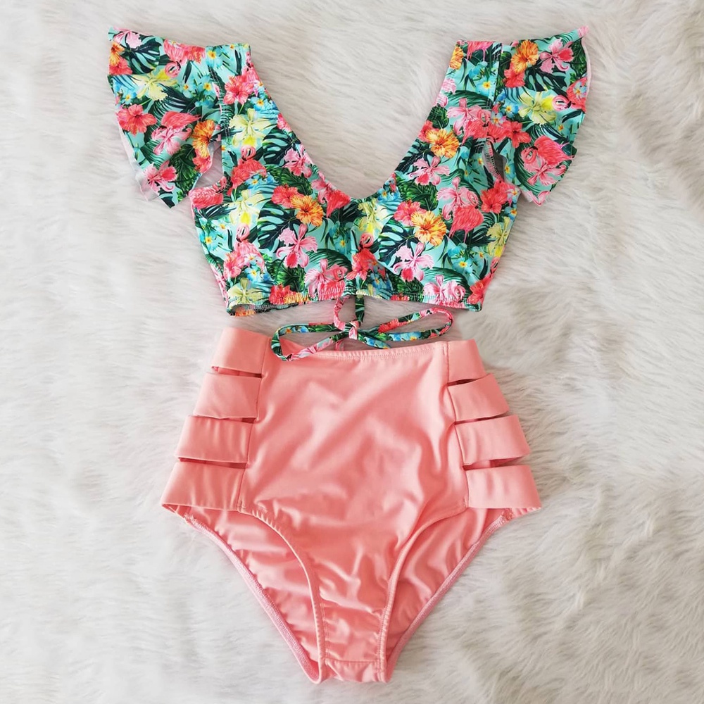 Bộ Bikini Hai Mảnh Cổ Chữ V Lưng Cao In Họa Tiết Hoa 2022 Thời Trang Cho Nữ