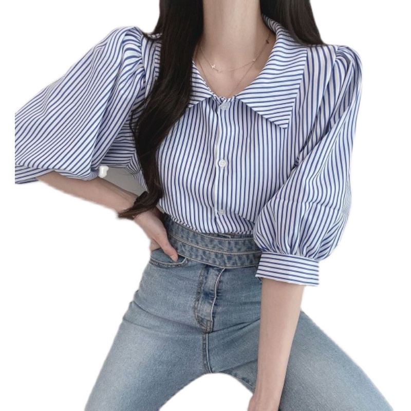 Áo Sơ Mi Tay Ngắn Họa Tiết Kẻ Sọc Thời Trang Mùa Hè Cho Nữ