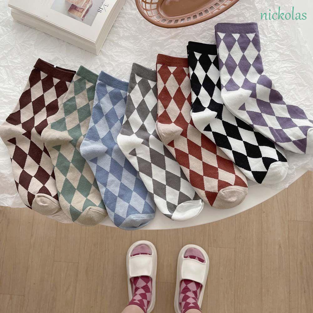 Vớ cotton họa tiết hình học nhiều màu phong cách đường phố Hàn Quốc cho nữ