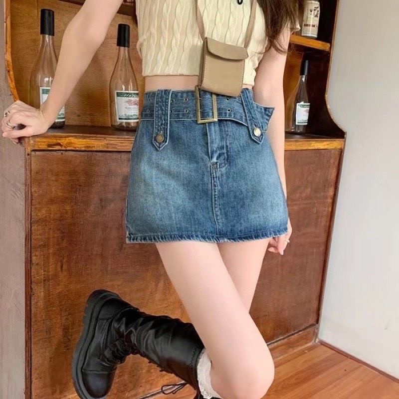Chân váy JEAN DENIM KÈM NỊT dáng chữ A siêu hot năng động cá tính có quần trong nữ Thương 90 shop