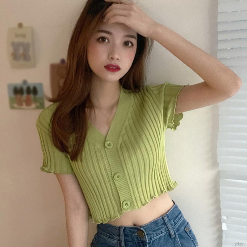 Áo Lửng Ngắn Tay Cổ Chữ V Phong Cách Hàn Quốc