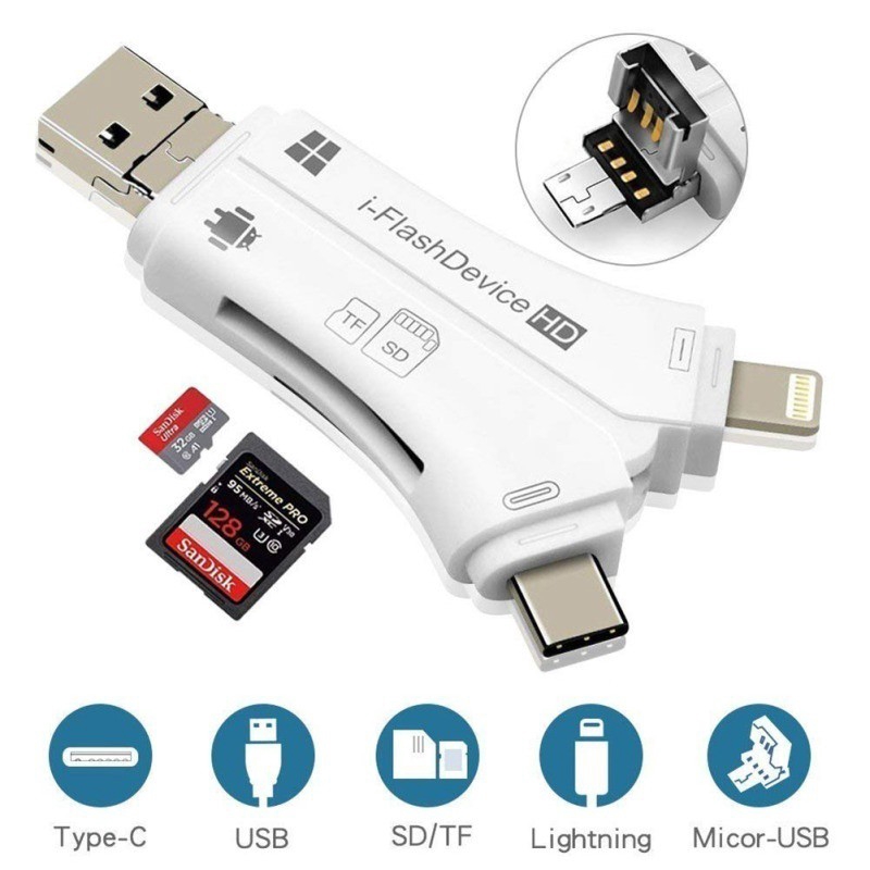 【Ready Stock】 COD4 Trong 1 iPhone/Micro Usb/USB Loại C/USB SD Đa Chức Năng OTG Card đầu Đọc Pembaca Kad